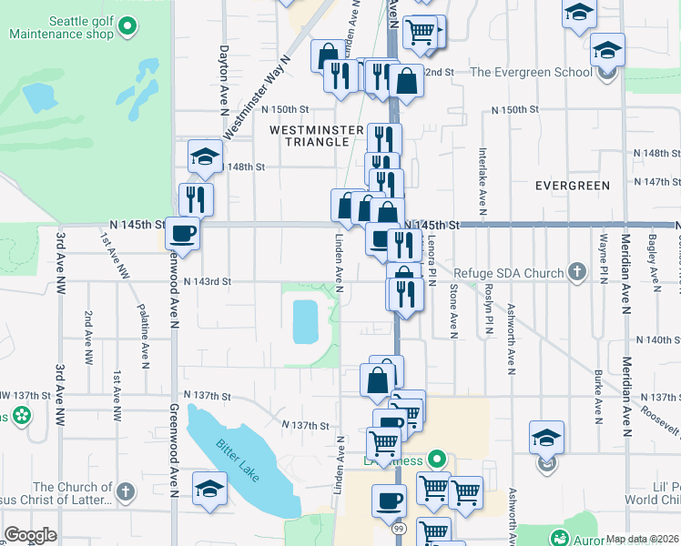map of restaurants, bars, coffee shops, grocery stores, and more near 14331 Linden Avenue North in Seattle