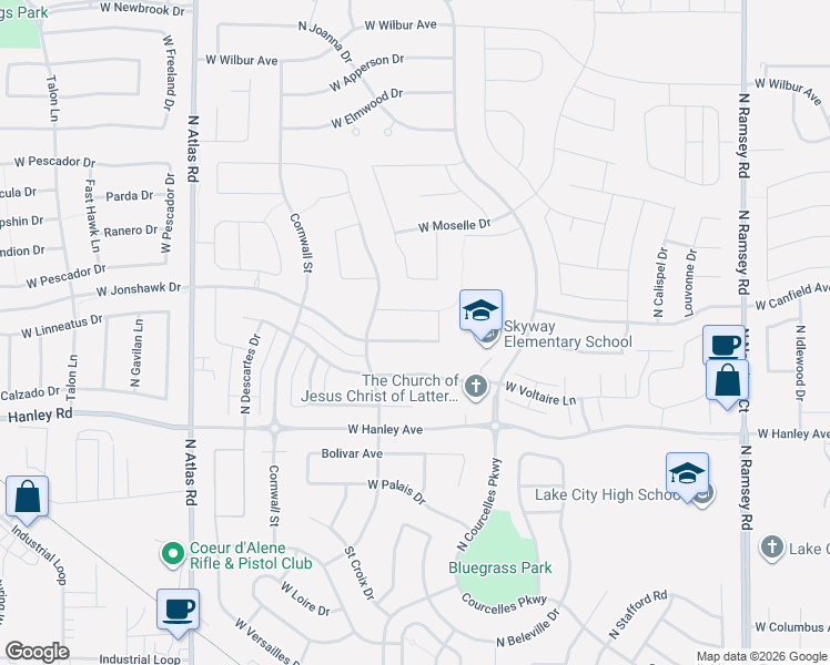map of restaurants, bars, coffee shops, grocery stores, and more near 2600 West Renoir Drive in Coeur d'Alene