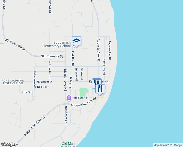map of restaurants, bars, coffee shops, grocery stores, and more near 18689 1st Avenue Northeast in Suquamish