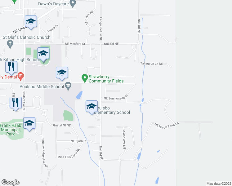 map of restaurants, bars, coffee shops, grocery stores, and more near 2427 NE Boulderstone Court in Poulsbo