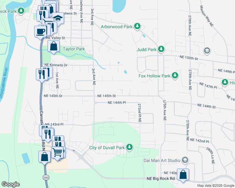 map of restaurants, bars, coffee shops, grocery stores, and more near 14523 270th Place Northeast in Duvall