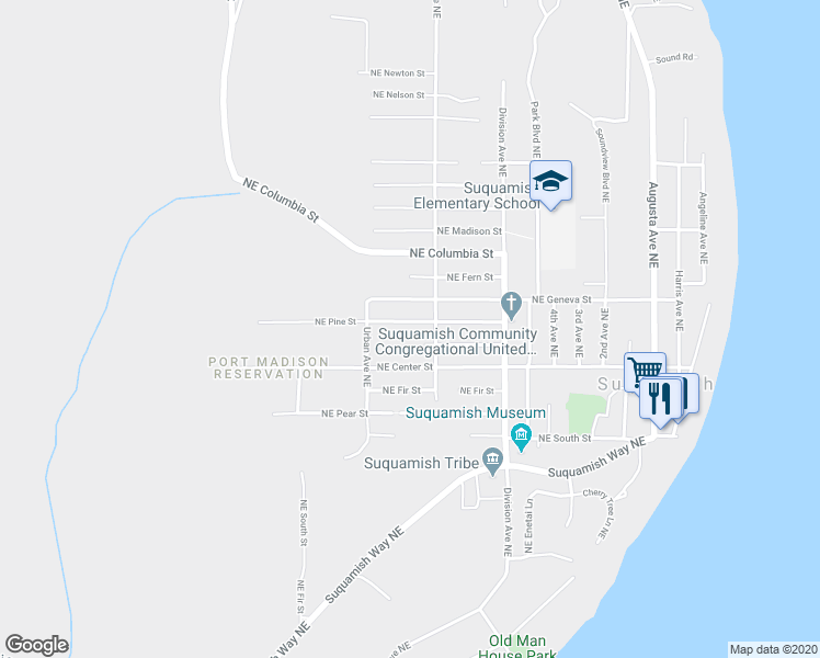 map of restaurants, bars, coffee shops, grocery stores, and more near 6531 Northeast Pine Street in Suquamish