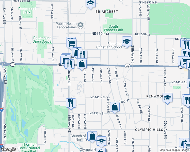 map of restaurants, bars, coffee shops, grocery stores, and more near 14334 19th Avenue Northeast in Seattle