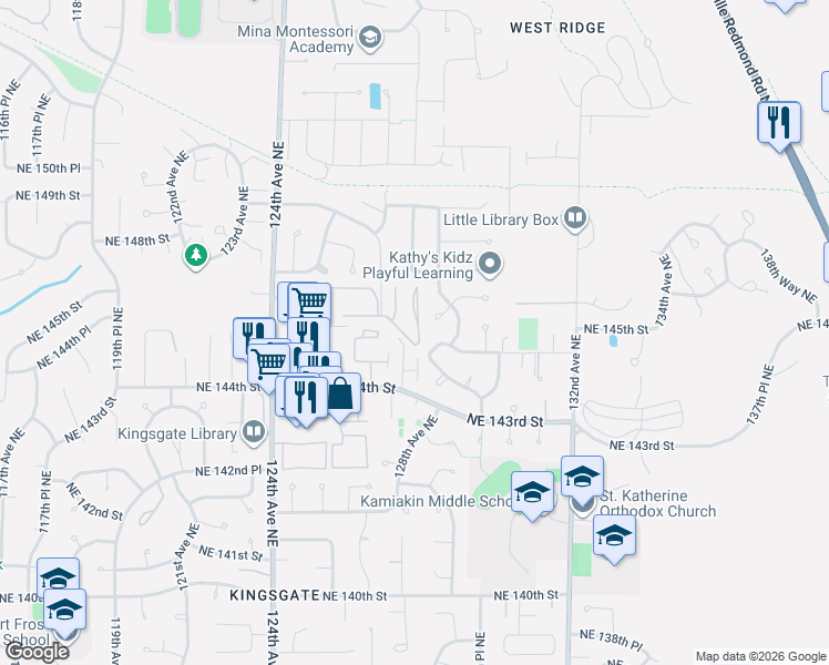 map of restaurants, bars, coffee shops, grocery stores, and more near 14441 127th Lane Northeast in Kirkland