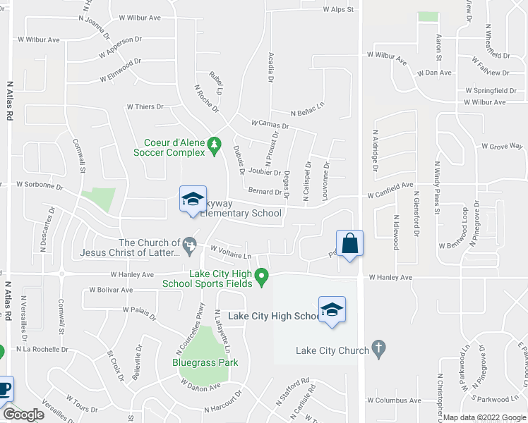 map of restaurants, bars, coffee shops, grocery stores, and more near 2086 West Canfield Avenue in Coeur d'Alene