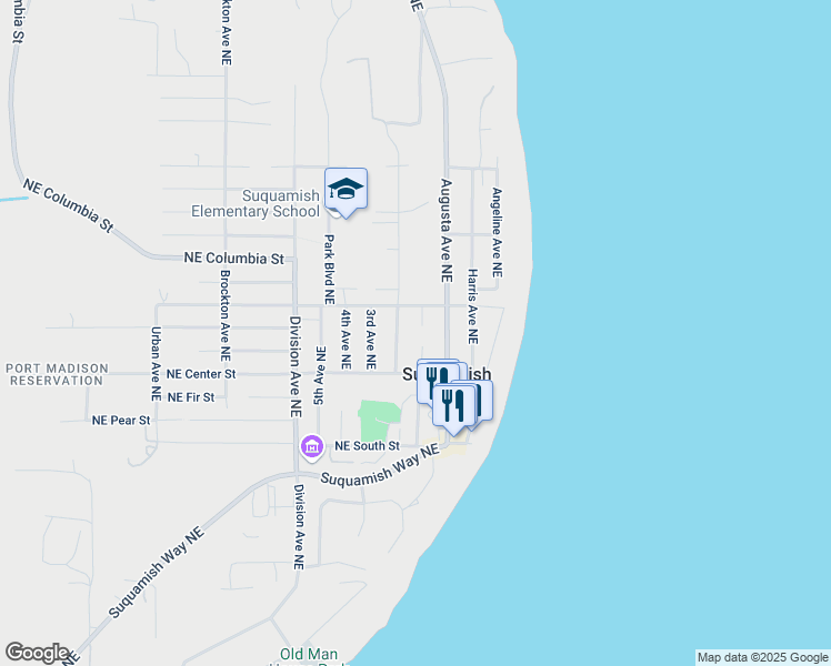 map of restaurants, bars, coffee shops, grocery stores, and more near 18689 1st Avenue Northeast in Suquamish