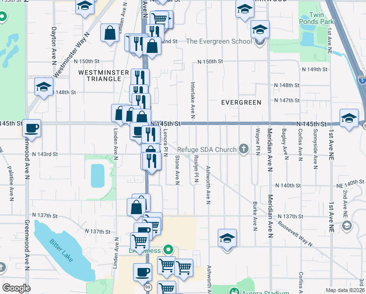 map of restaurants, bars, coffee shops, grocery stores, and more near 14323 Interlake Avenue North in Seattle