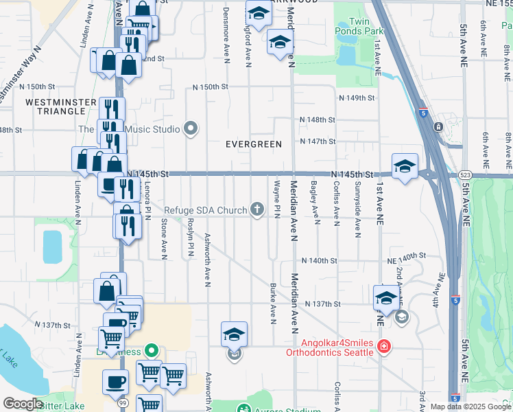 map of restaurants, bars, coffee shops, grocery stores, and more near 14323 Wallingford Avenue North in Seattle