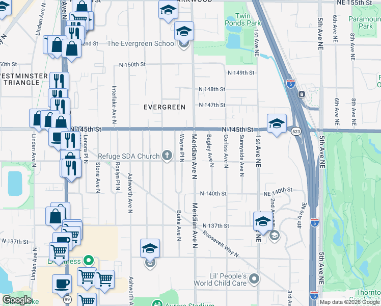 map of restaurants, bars, coffee shops, grocery stores, and more near 14320 Meridian Avenue North in Seattle