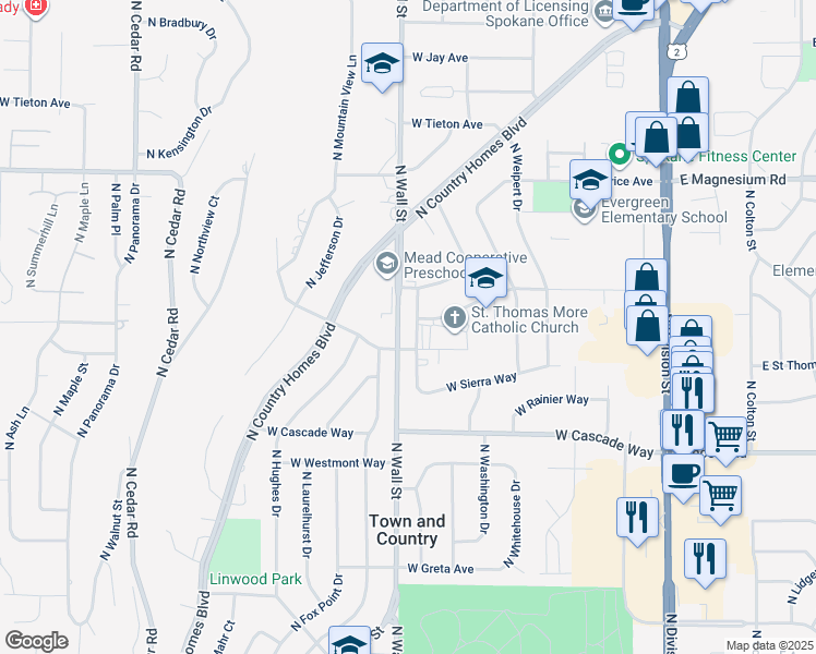 map of restaurants, bars, coffee shops, grocery stores, and more near 8215 North Howard Street in Spokane