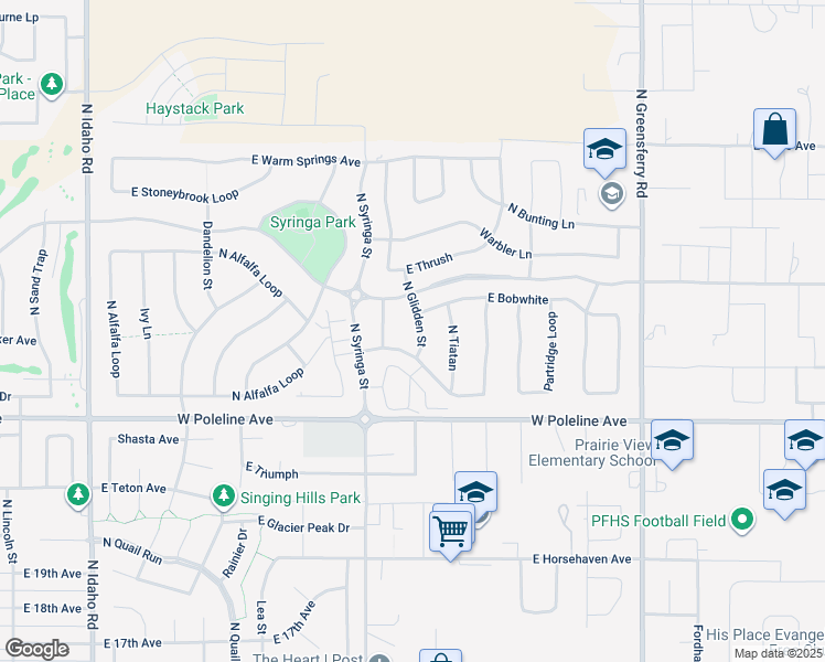 map of restaurants, bars, coffee shops, grocery stores, and more near 2701 North Glidden Street in Post Falls