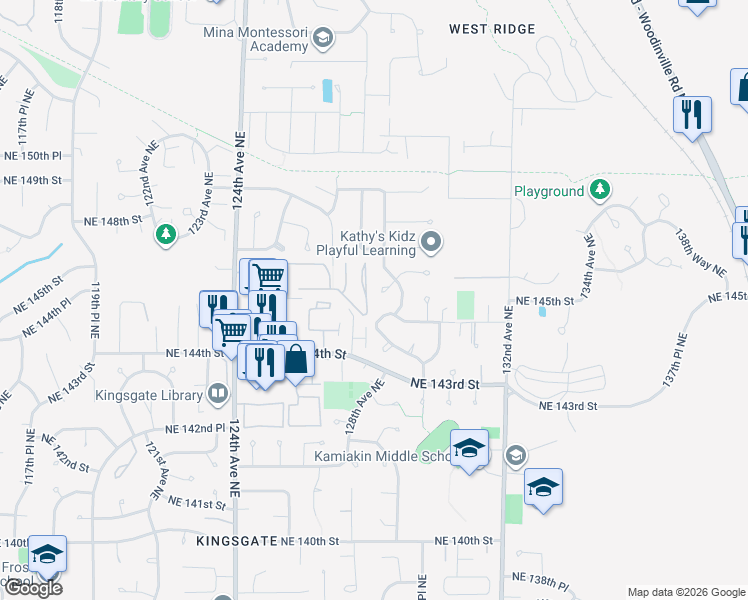 map of restaurants, bars, coffee shops, grocery stores, and more near 12859 Northeast 145th Place in Kirkland