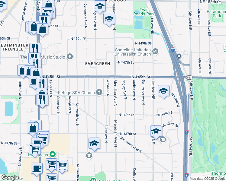 map of restaurants, bars, coffee shops, grocery stores, and more near 14320 Meridian Avenue North in Seattle