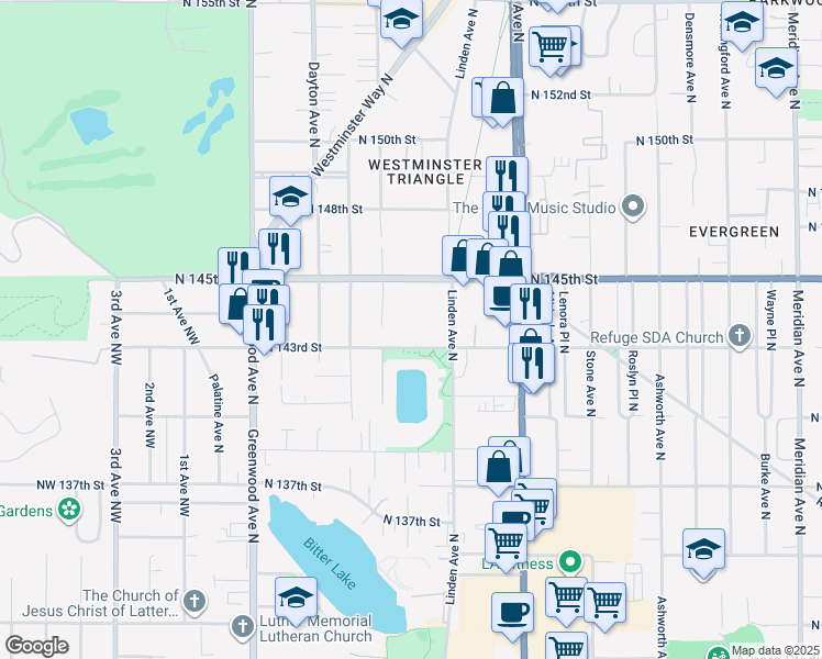 map of restaurants, bars, coffee shops, grocery stores, and more near 722 North 143rd Street in Seattle