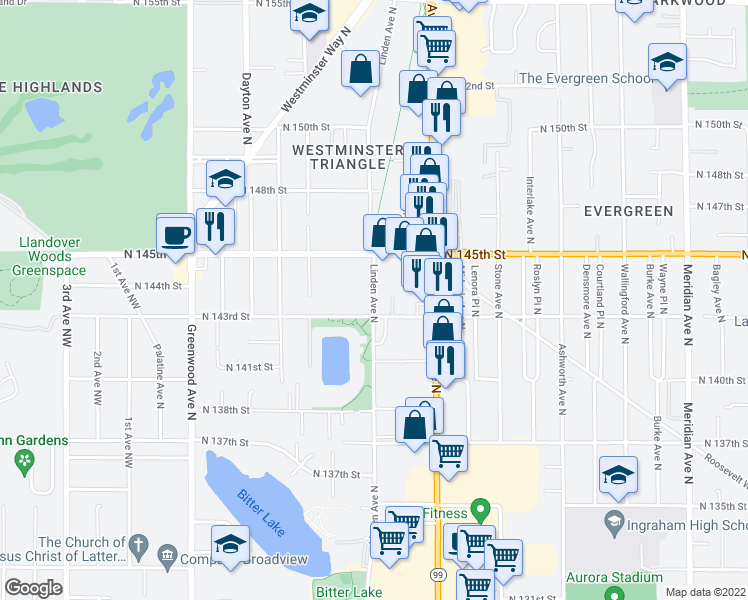 map of restaurants, bars, coffee shops, grocery stores, and more near 14353 Linden Ave N in Seattle