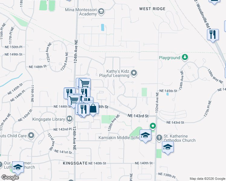 map of restaurants, bars, coffee shops, grocery stores, and more near 14443 127th Lane Northeast in Kirkland