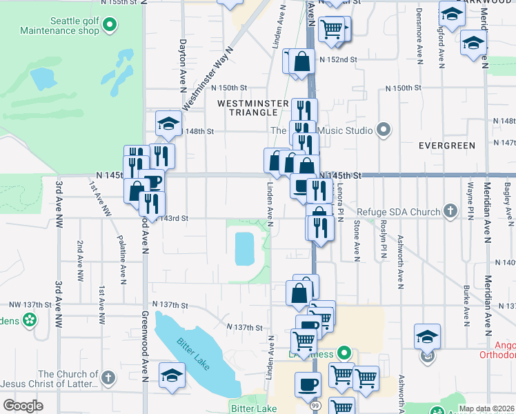 map of restaurants, bars, coffee shops, grocery stores, and more near 750 North 143rd Street in Seattle