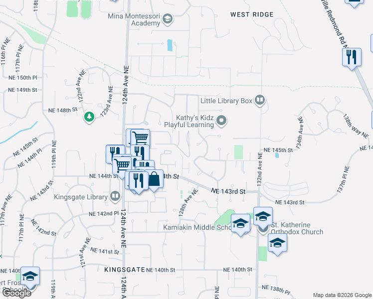 map of restaurants, bars, coffee shops, grocery stores, and more near 14441 127th Lane Northeast in Kirkland