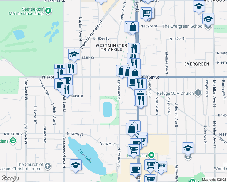 map of restaurants, bars, coffee shops, grocery stores, and more near 722 North 143rd Street in Seattle