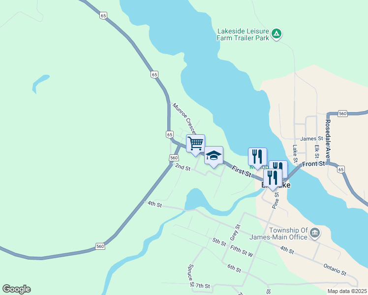 map of restaurants, bars, coffee shops, grocery stores, and more near 228 Ontario 65 in Elk Lake