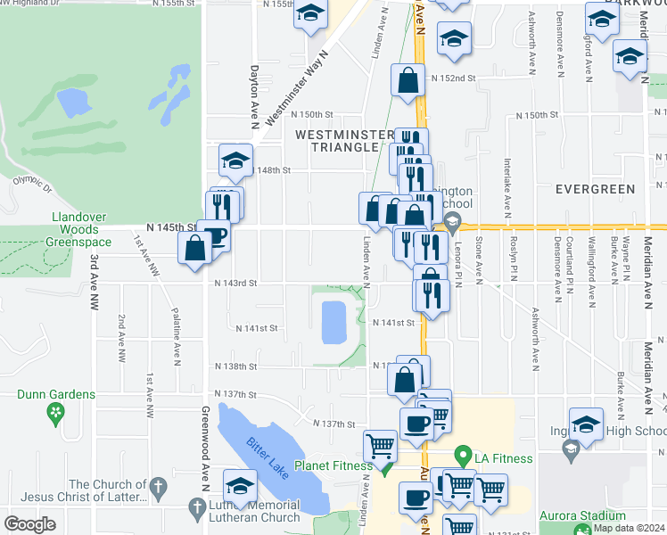 map of restaurants, bars, coffee shops, grocery stores, and more near 722 North 143rd Street in Seattle
