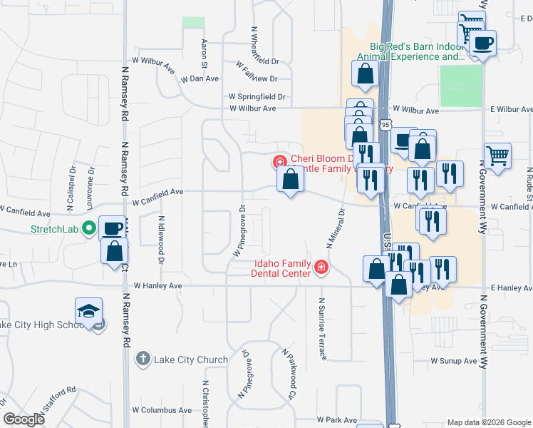 map of restaurants, bars, coffee shops, grocery stores, and more near 6800 North Spurwing Loop in Coeur d'Alene