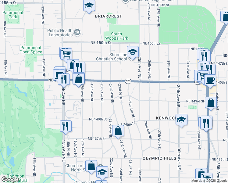 map of restaurants, bars, coffee shops, grocery stores, and more near 14322 22nd Avenue Northeast in Seattle