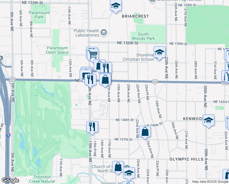 map of restaurants, bars, coffee shops, grocery stores, and more near 14326 17th Avenue Northeast in Seattle