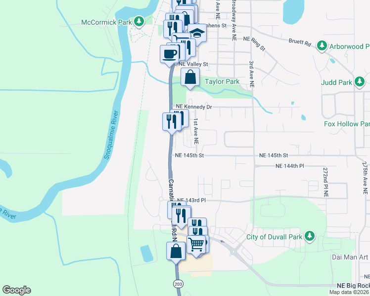 map of restaurants, bars, coffee shops, grocery stores, and more near 14519 1st Lane Northeast in Duvall
