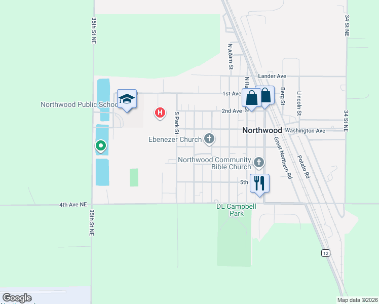 map of restaurants, bars, coffee shops, grocery stores, and more near 112 3rd Avenue in Northwood