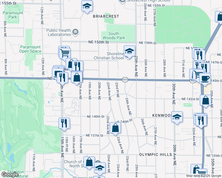 map of restaurants, bars, coffee shops, grocery stores, and more near 14322 22nd Avenue Northeast in Seattle