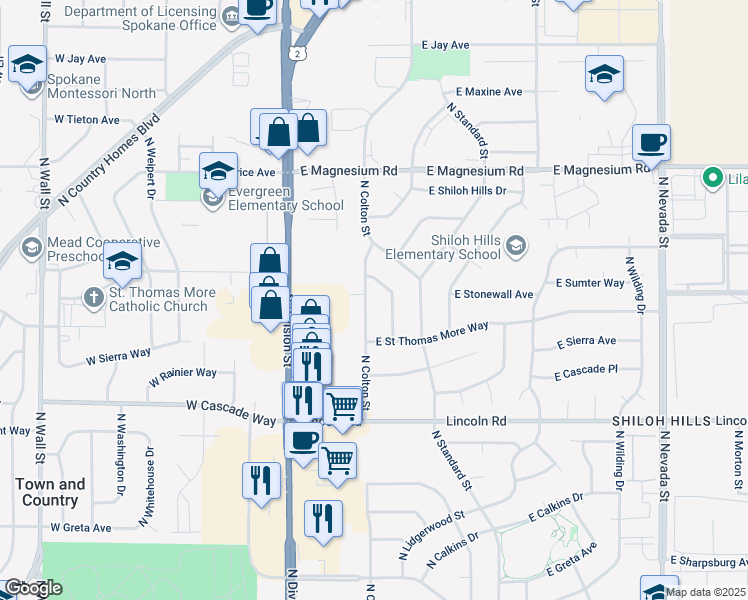 map of restaurants, bars, coffee shops, grocery stores, and more near 8126 North Colton Street in Spokane