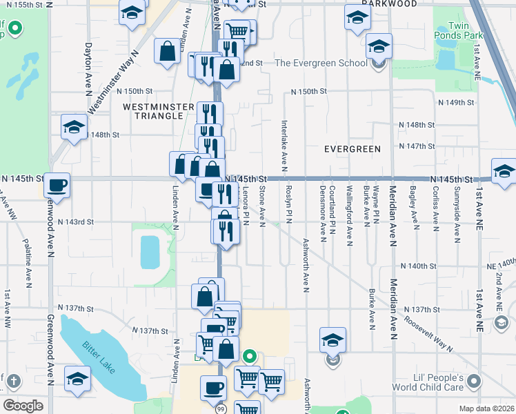 map of restaurants, bars, coffee shops, grocery stores, and more near 14320 Roosevelt Way North in Seattle