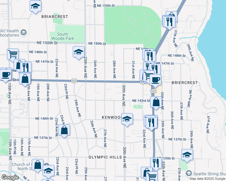 map of restaurants, bars, coffee shops, grocery stores, and more near 2721 Northeast 144th Street in Seattle