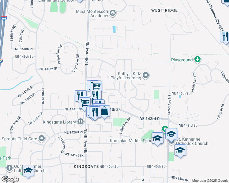 map of restaurants, bars, coffee shops, grocery stores, and more near 12620 Northeast 144th Street in Kirkland