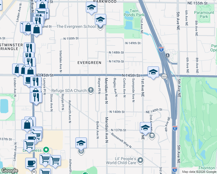 map of restaurants, bars, coffee shops, grocery stores, and more near 14320 Meridian Avenue North in Seattle
