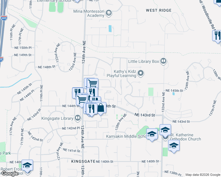 map of restaurants, bars, coffee shops, grocery stores, and more near 12616 Northeast 144th Street in Kirkland