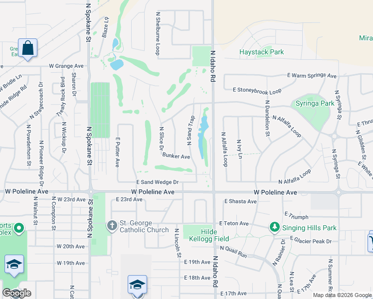 map of restaurants, bars, coffee shops, grocery stores, and more near 2685 North Sand Trap Way in Post Falls