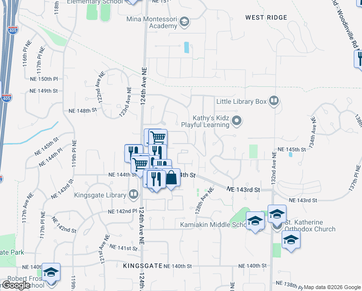 map of restaurants, bars, coffee shops, grocery stores, and more near 12616 Northeast 144th Street in Kirkland
