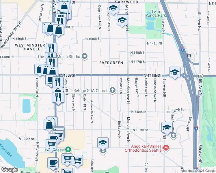 map of restaurants, bars, coffee shops, grocery stores, and more near 14323 Wallingford Avenue North in Seattle