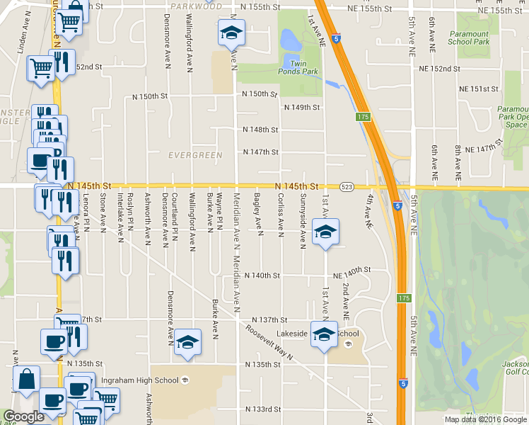 map of restaurants, bars, coffee shops, grocery stores, and more near 14326 Bagley Avenue North in Seattle