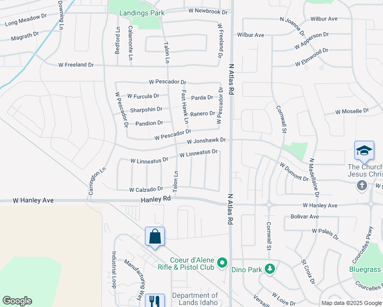 map of restaurants, bars, coffee shops, grocery stores, and more near 6799 North Hawk Owl Lane in Coeur d'Alene