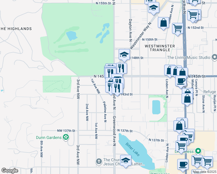 map of restaurants, bars, coffee shops, grocery stores, and more near 141 North 144th Street in Seattle