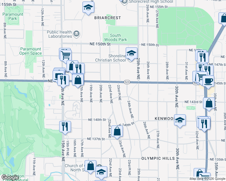 map of restaurants, bars, coffee shops, grocery stores, and more near 14322 22nd Avenue Northeast in Seattle