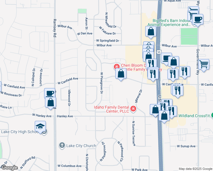 map of restaurants, bars, coffee shops, grocery stores, and more near 6850 North Spurwing Loop in Coeur d'Alene