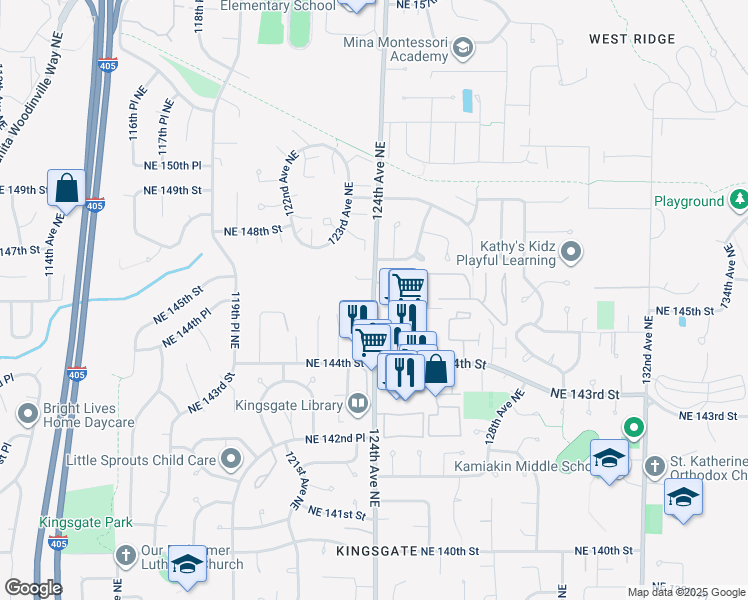 map of restaurants, bars, coffee shops, grocery stores, and more near 14452 124th Avenue Northeast in Kirkland