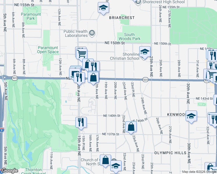 map of restaurants, bars, coffee shops, grocery stores, and more near 14334 19th Avenue Northeast in Seattle