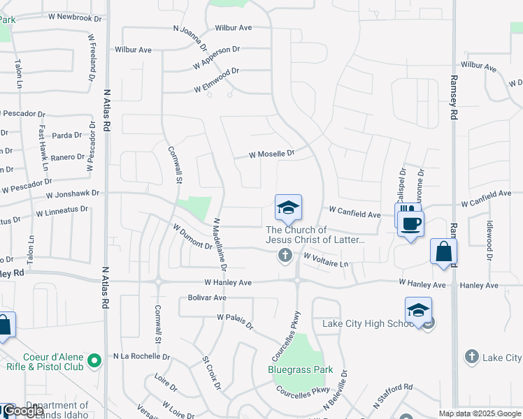 map of restaurants, bars, coffee shops, grocery stores, and more near 6799 North Delerue Drive in Coeur d'Alene