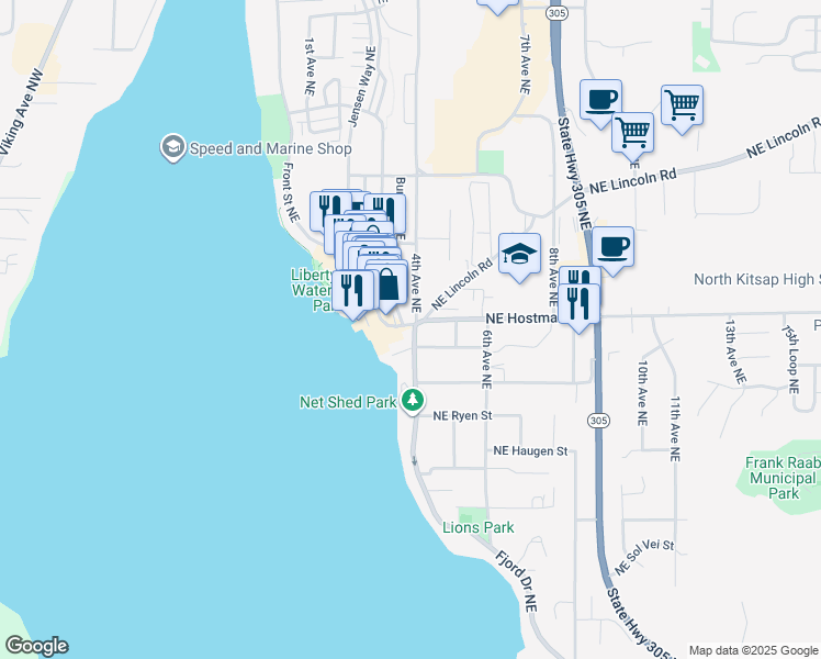 map of restaurants, bars, coffee shops, grocery stores, and more near 367 Northeast Hostmark Street in Poulsbo