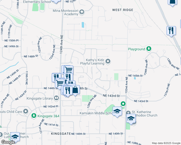 map of restaurants, bars, coffee shops, grocery stores, and more near 14441 127th Lane Northeast in Kirkland